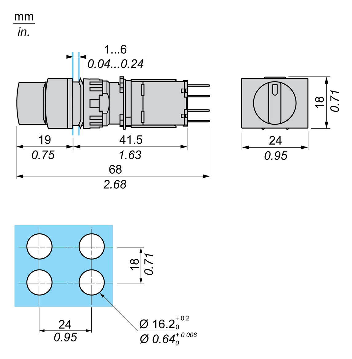Wahlschalter 2stuf rast Knebel Ø16,2mm IP65 1S Schaltfunktion verrastend 1Ö