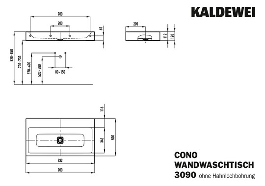 Kaldewei Wand-Waschtisch CONO 3090, 90 x 50 x 12 cm, warm beige 20, ohne Überlauf, ohne Hahnloch