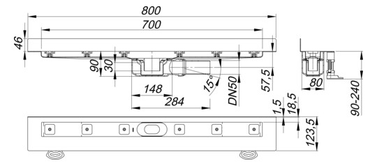 Dallmer Duschrinne CeraLine Plan W 700, L1 700/L2 800 mm, DN 50