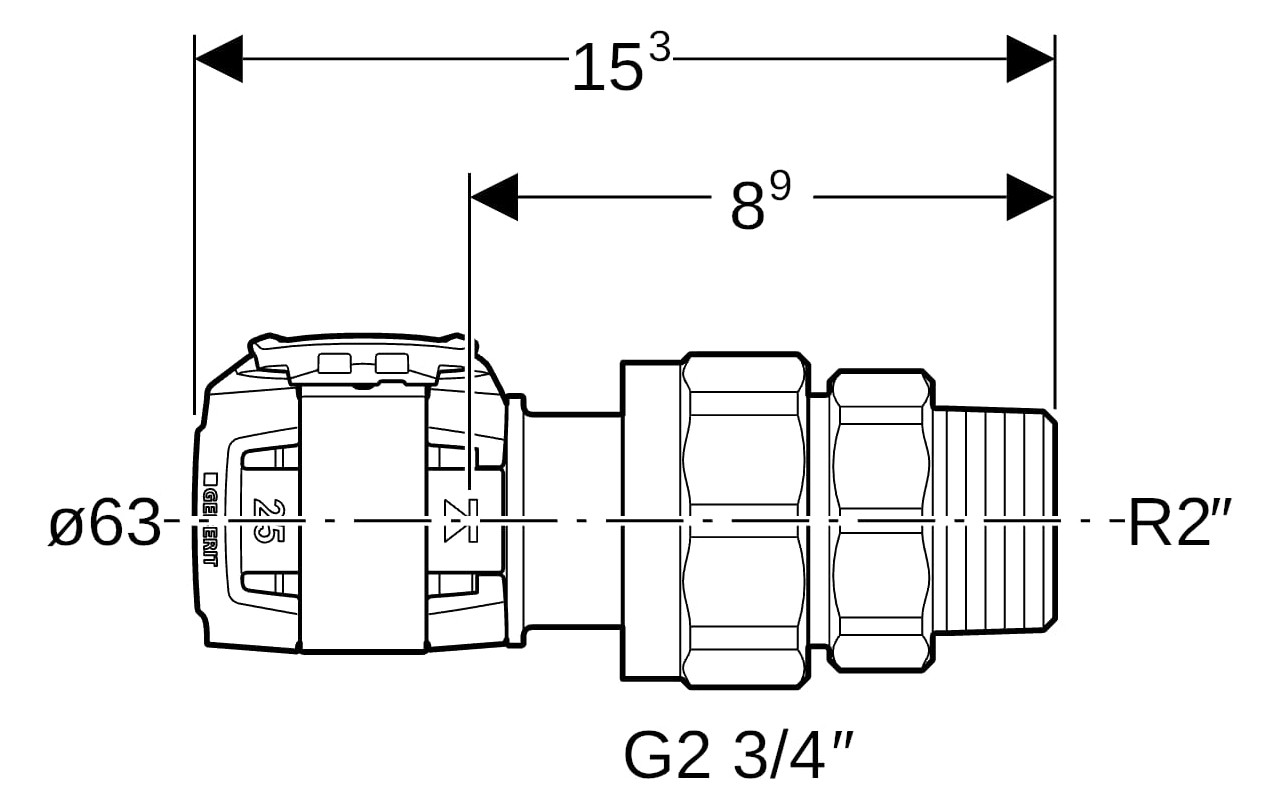 Geberit Übergangsverschraubung FlowFit Ø 63 mm, R 2, G 2 3/4, mit Außengewinde