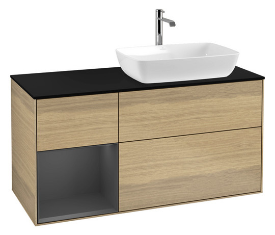 V&B Waschtisch-Unterschrank Finion 120cm, Abdeckplatte black matt, Regal Anthracite matt lacquer, Oak Veneer