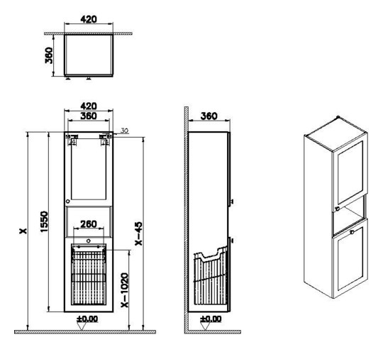 VitrA Bad Hochschrank Root Classic 42x36x155cm, Türanschlag rechts, mit Wäschekorb, Korpus Graphit Matt