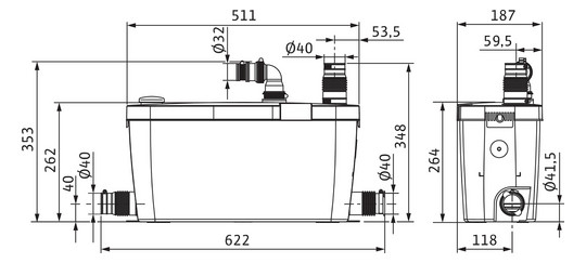 Wilo Schmutzwasser-Hebeanlage HiDrainlift 3 3-35, 511x264x187 mm, 5,4 kg, Überflur