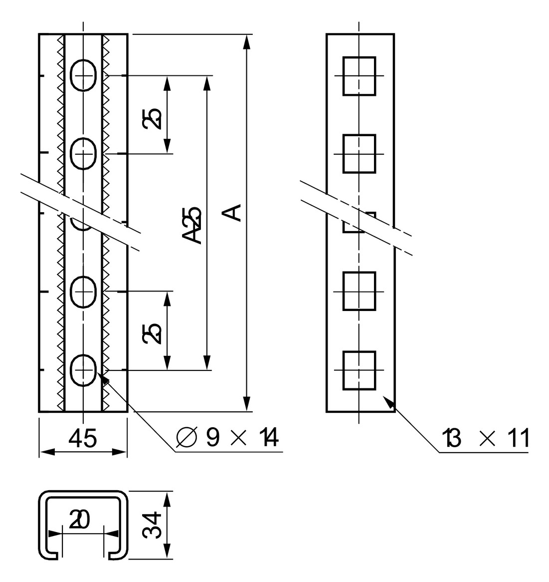 Montageschiene 1200x45x34mm Metall