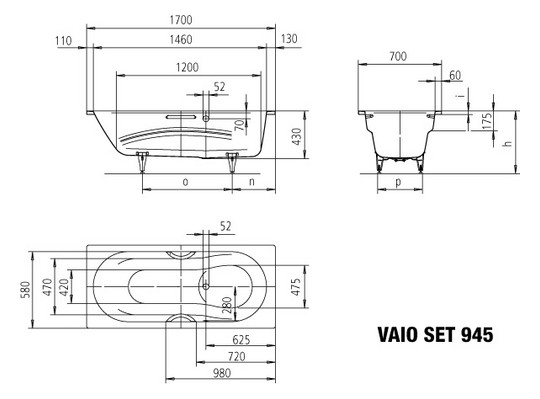 Kaldewei Badewanne VAIO SET STAR-945 170x70cm, Perl-Effekt, SÜL, Vollantislip, manhattan