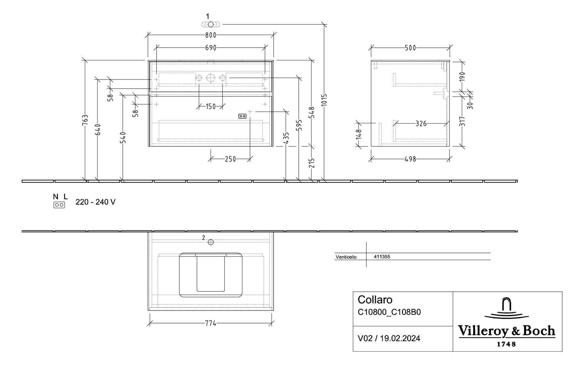 V&B Waschtischunterschrank Collaro 80x54,8x50cm, Waschtisch mittig, white matt