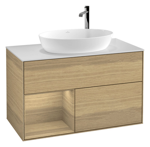 V&B Waschtisch-Unterschrank Finion 100cm, Abdeckplatte white matt, Regal Oak Veneer, Oak Veneer