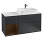 V&B Waschtisch-Unterschrank Wandbeleuchtung Finion 120cm, Abdeckplatte white matt, Regal links Walnut veneer, Midnight Blue Matt Lacquer