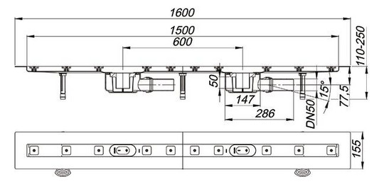 Dallmer Duschrinne CeraLine F Duo 1500, L1 1500/L2 1600/L3 600 mm, DN 50
