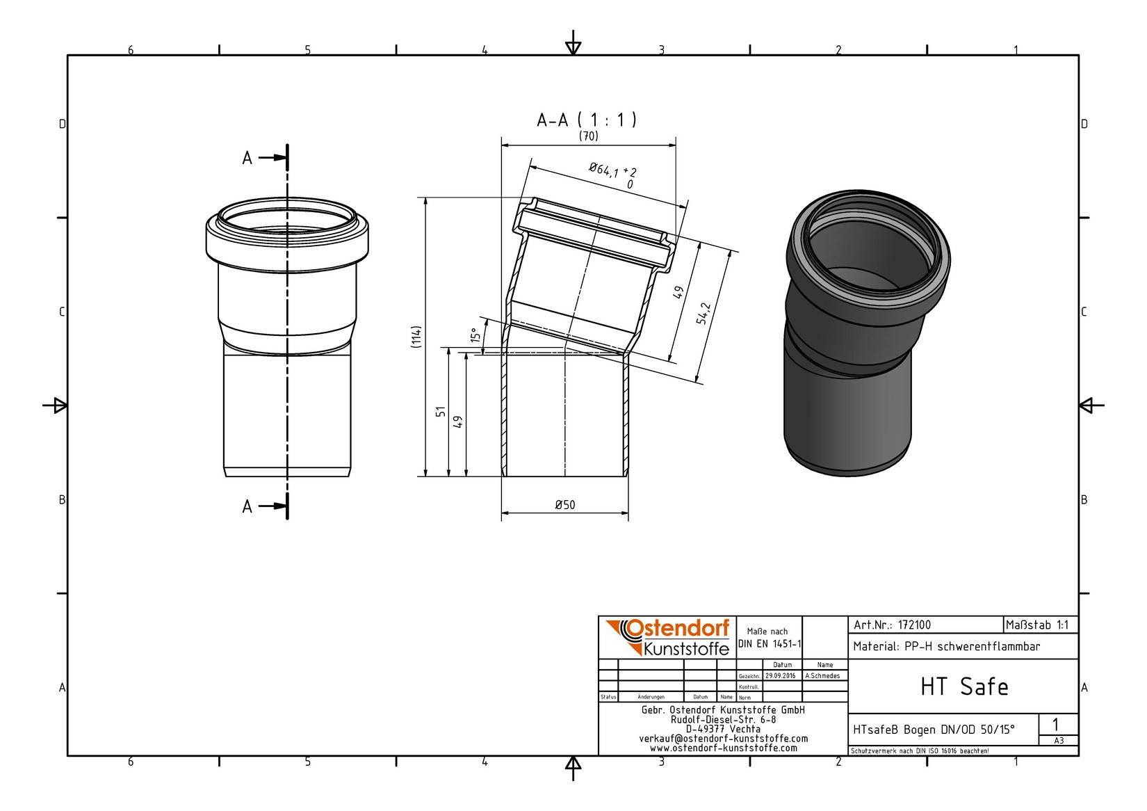 Ostendorf HTsafe Bogen B DN/OD 50, 15°