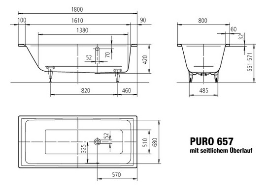 Kaldewei Badewanne PURO 657 180x80cm, Überlauf seitlich links, Standard, weiß