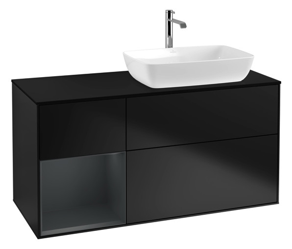 V&B Waschtisch-Unterschrank Finion 120cm, Abdeckplatte black matt, Regal Midnight matt lacquer, Black matt lacquer