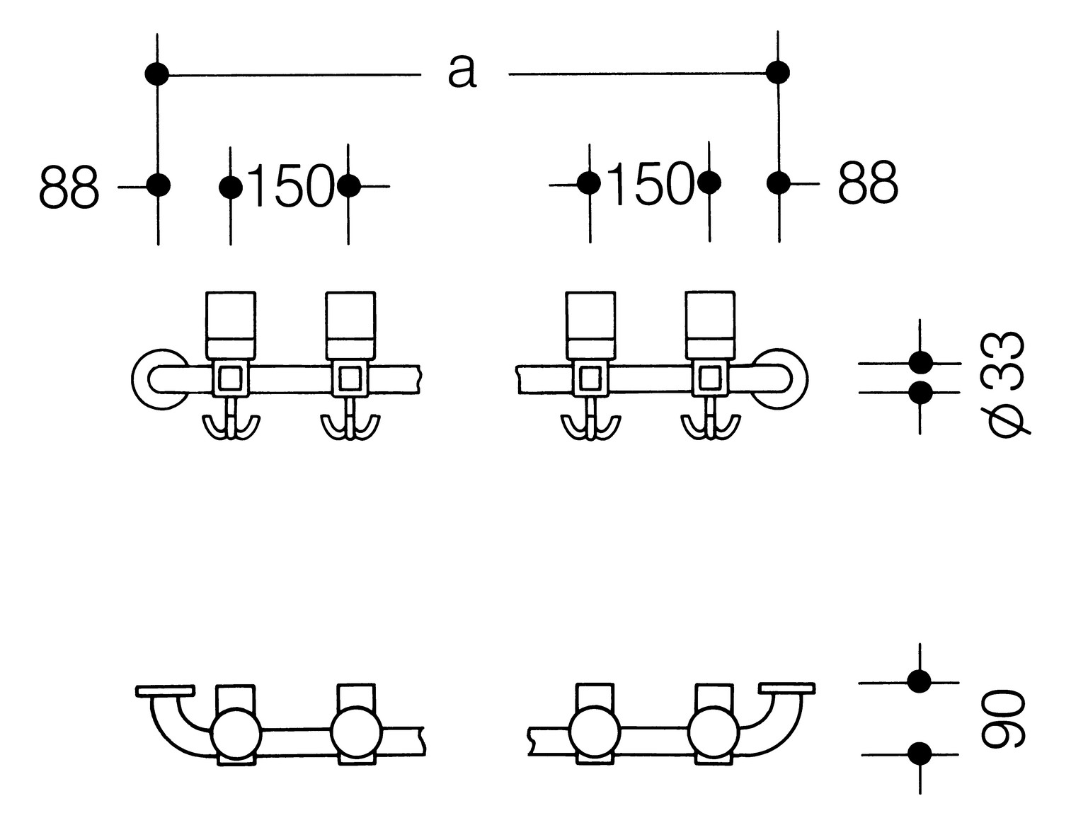 HEWI Garderobenstange gerade, d= 33mm, 3-fach Haken, senfgelb