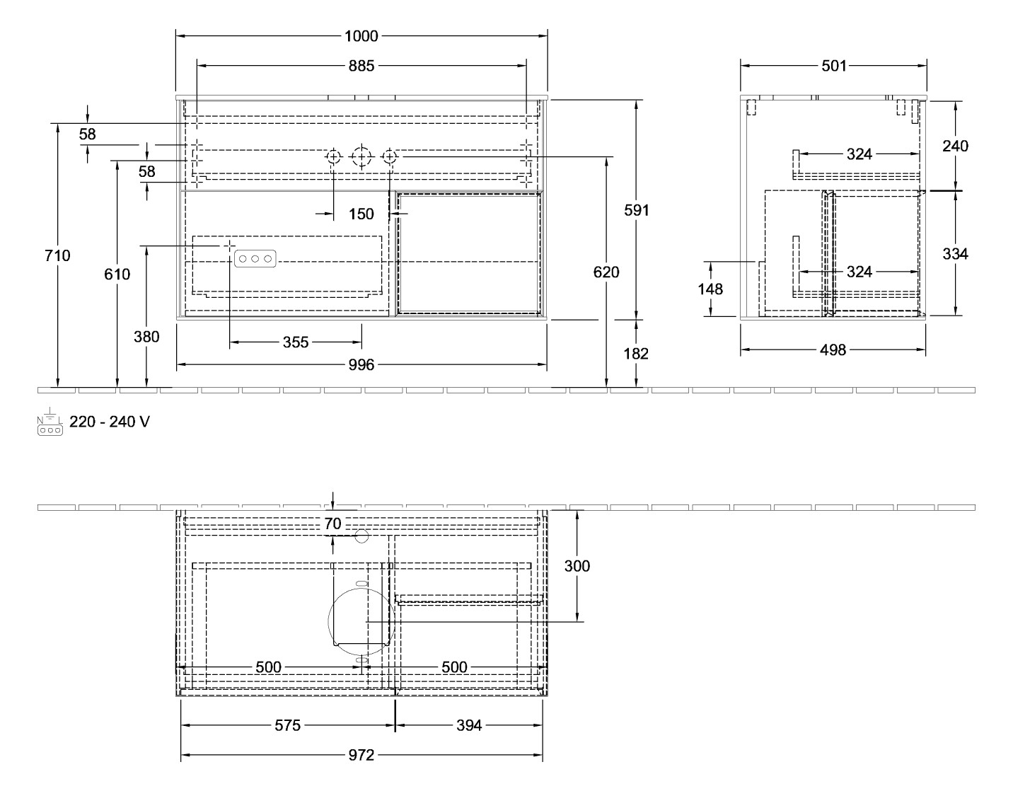 V&B Waschtisch-Unterschrank Wandbeleuchtung Finion 100cm, Abdeckplatte white matt, Regal Black matt lacquer, Olive Matt Lacquer