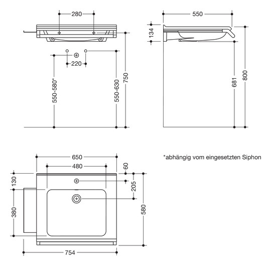 HEWI Mineralguss-Waschtisch-Set 65x58cm, mit Haltegriff, Ablage, weiß, dunkelgrau perlglimmer tiefmatt