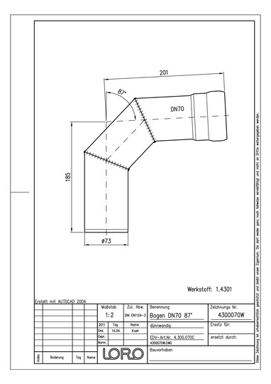 LORO XCL Bogen DN 70, 87°, Werkstoff 1.4301