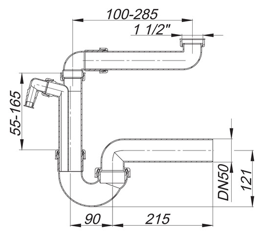 Dallmer Raumspar-Siphon 121 SL, 1 1/2" x DN 50, 1 Waschgeräte-Anschluss