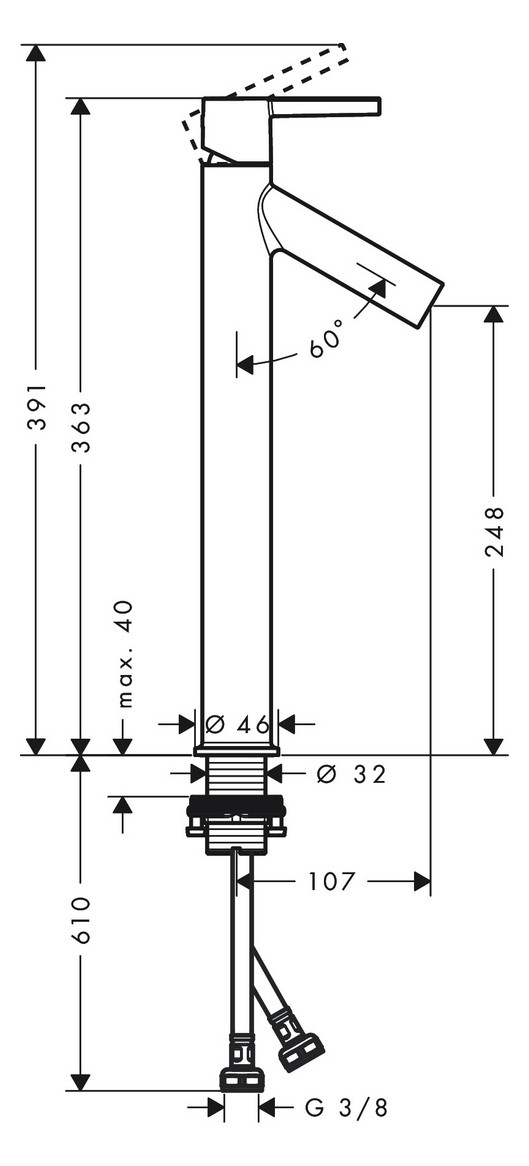 hansgrohe Waschtisch-Einhebelmischer 250 Axor Starck Ausladung 107mm, mit Hebelgriff, unverschließbare Ablaufgarnitur, polished black chrome