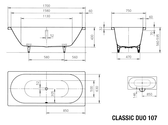 Kaldewei Badewanne CLASSIC DUO 107 170x75cm, Griffloch, Perl-Effekt, pergamon
