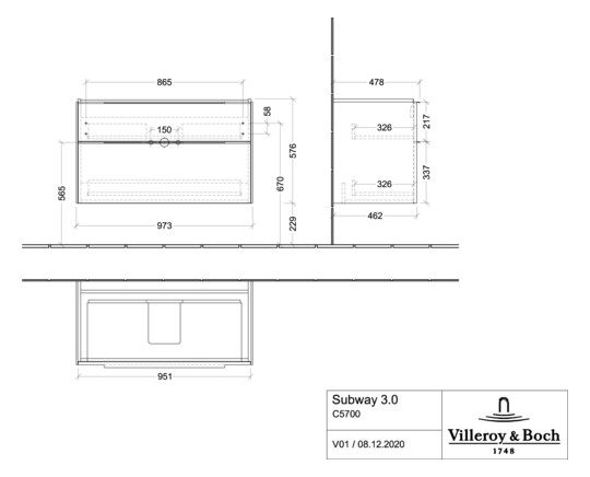 V&B Waschtisch-Unterschrank Subway 3.0 97,3x57,6x47,8cm, ohne LED/Griff Volcano black, pure white