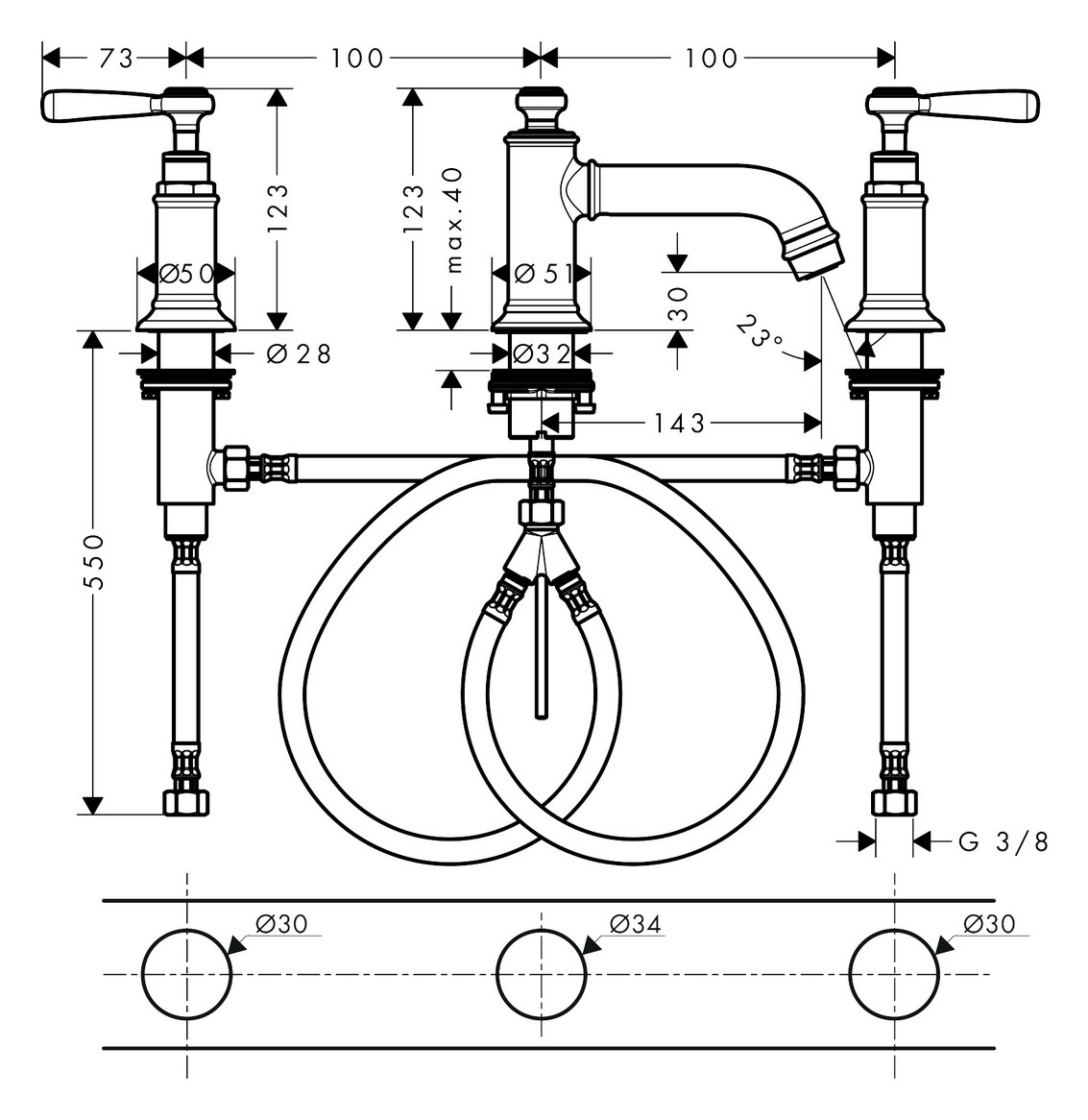 hansgrohe 3-Loch-Waschtischarmatur 30 Axor Montreux Ausladung 143mm, mit Hebelgriffe, Zugstangen-Ablaufgarnitur, polished red gold hansgrohe 3-Loch-Waschtischarmatur 30 Axor Montreux Ausladung 143mm, mit Hebelgriffe, Zugstangen-Ablaufgarnitur, polished red gold