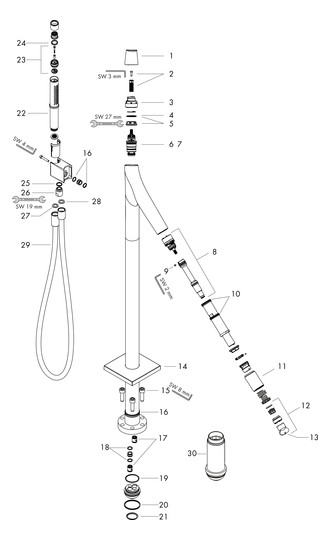 hansgrohe Fertigmontageset Axor Starck Organic Wannenthermostat, Ausladung 175mm, bodenstehend, chrom