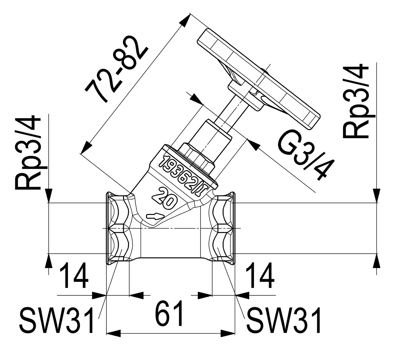 Schlösser Schrägsitzventil 1405 DN 20, Rp 3/4, ohne Entleerung, steigende Spindel