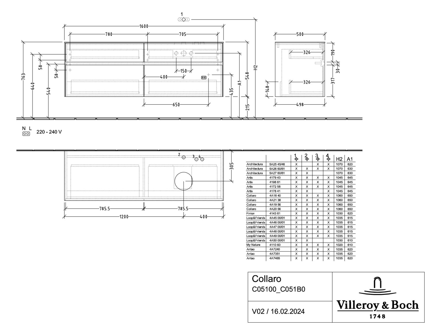 V&B Waschtischunterschrank Collaro 160x54,8x50cm, Waschtisch rechts, LED-Beleuchtung 12W, truffle grey