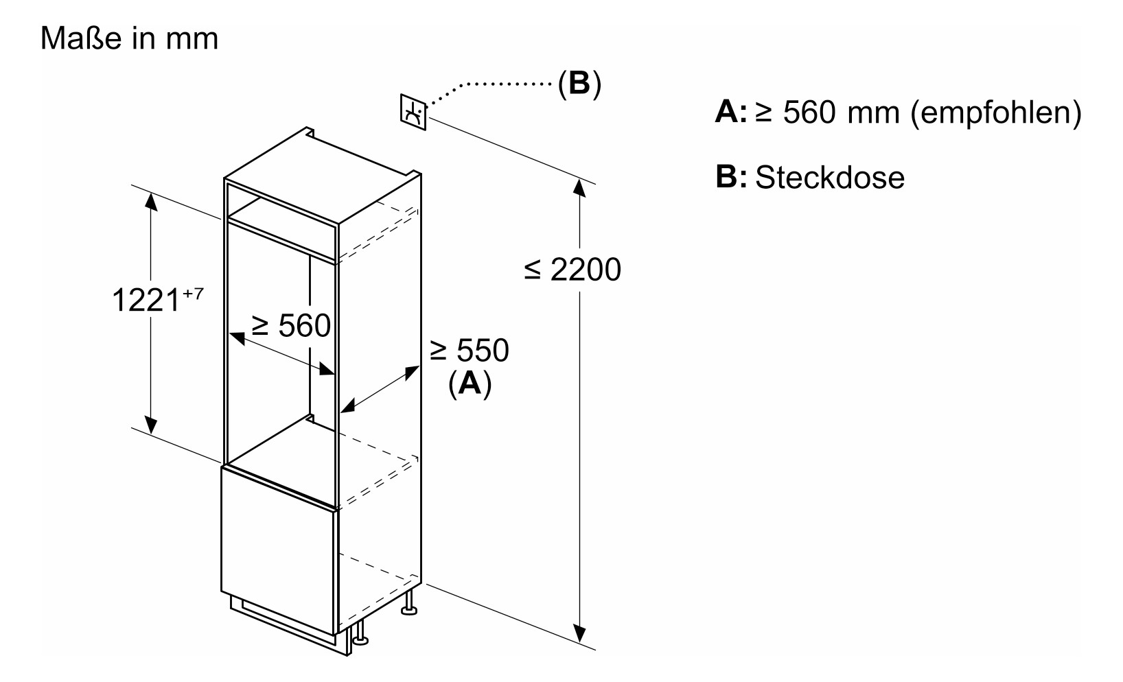 Kühlschrank EB E 204l N1225mm integr ws Schlepp 101kwh B541mm H1221mm