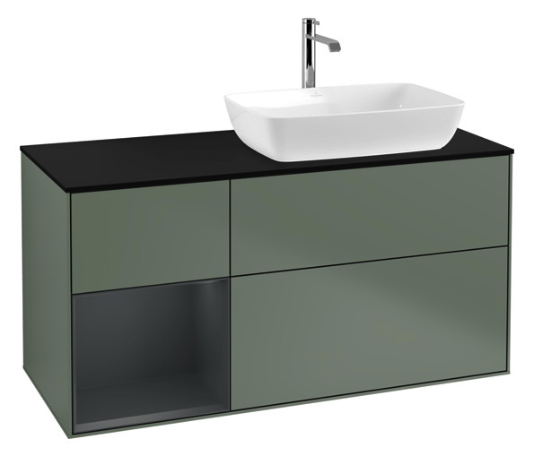 V&B Waschtisch-Unterschrank Finion 120cm, Abdeckplatte black matt, Regal Midnight matt lacquer, Olive Matt Lacquer