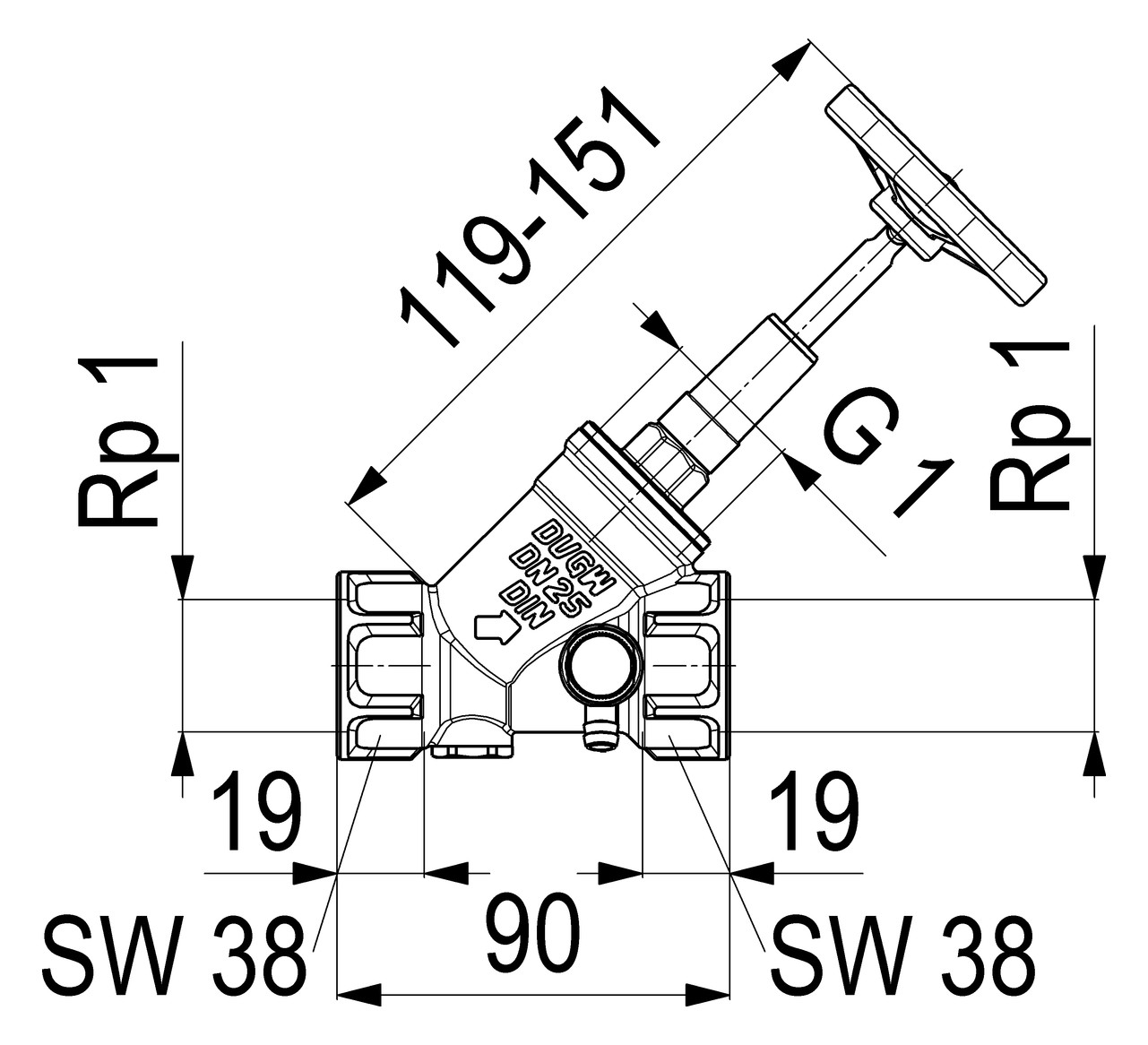 Schlösser KFR-Ventil 1620 DN 25, Rp 1, mit Entleerung, steigende Spindel