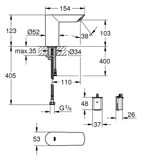 GROHE Infrarot-Waschtisch-Armatur Bau Cosmopolitan E 1/2", ohne Mischung, Batteriebetrieb, chrom