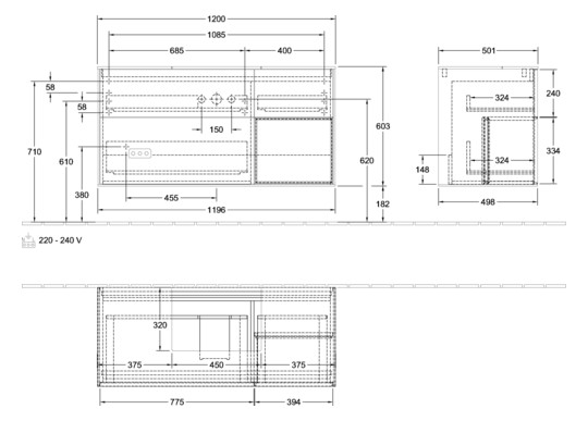V&B Waschtisch-Unterschrank Finion 120cm, Abdeckplatte black matt, Regal rechts Gold matt, Olive Matt Lacquer