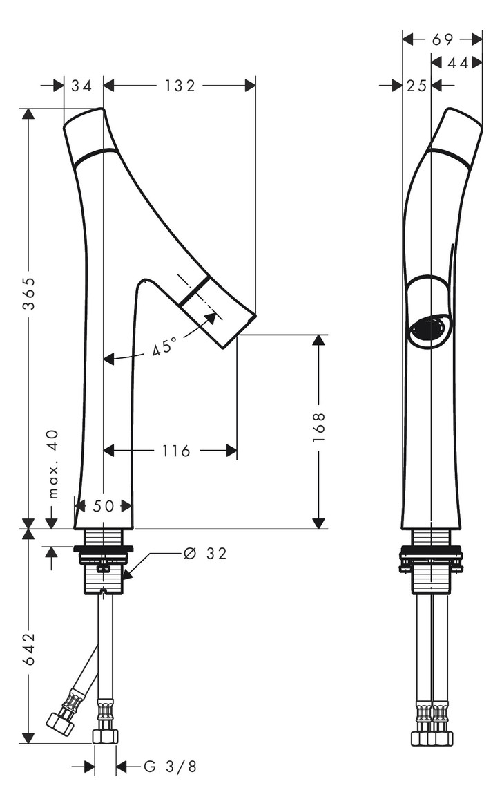 hansgrohe Waschtisch-Zweigriff-Armatur 170 Axor Starck Organic Ausladung 116mm, unverschließbare Ablaufgarnitur, chrom