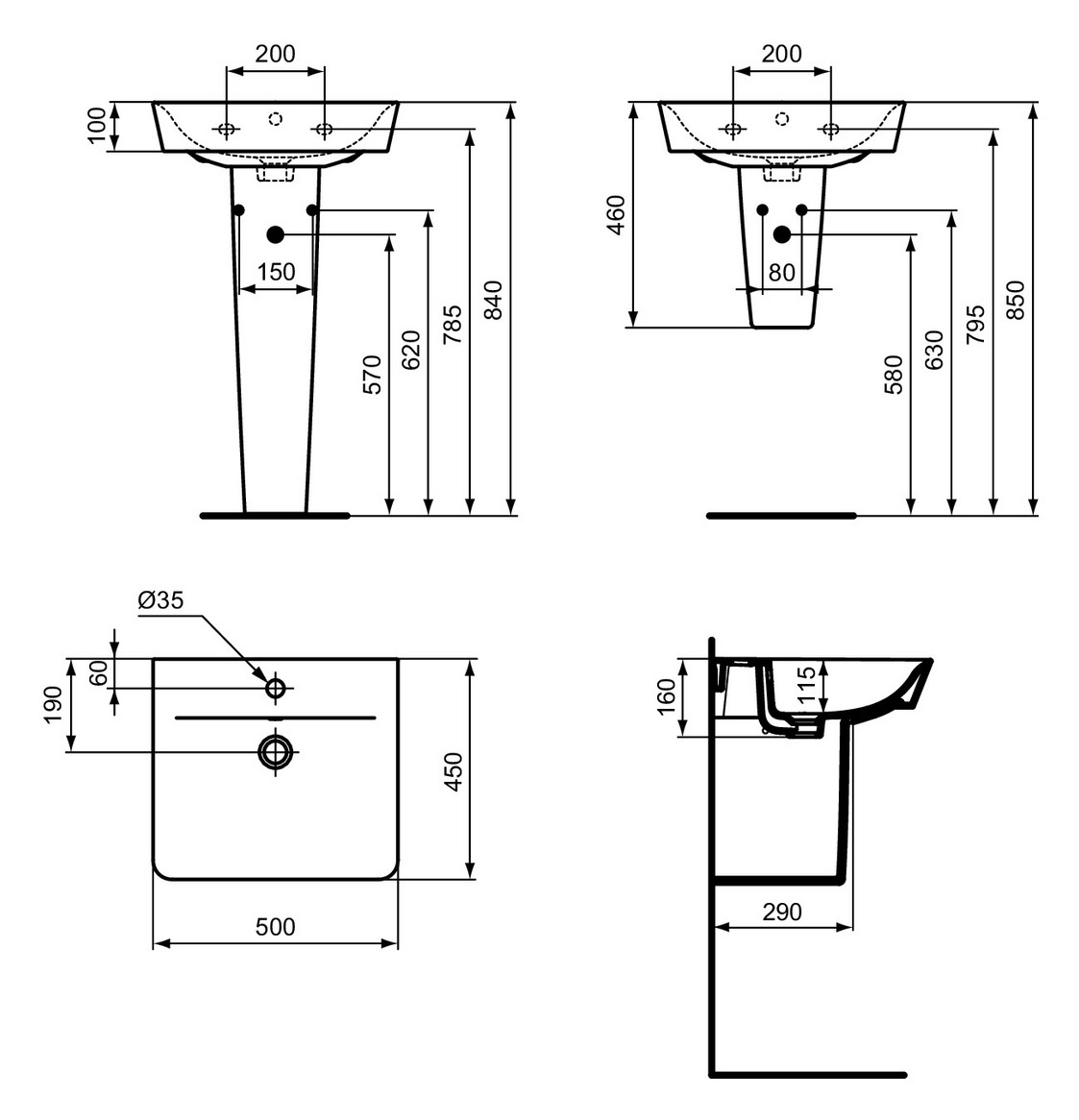 Ideal-Standard Waschtisch Connect Air 50x45x16cm, mit Hahnloch und Überlauf, weiß
