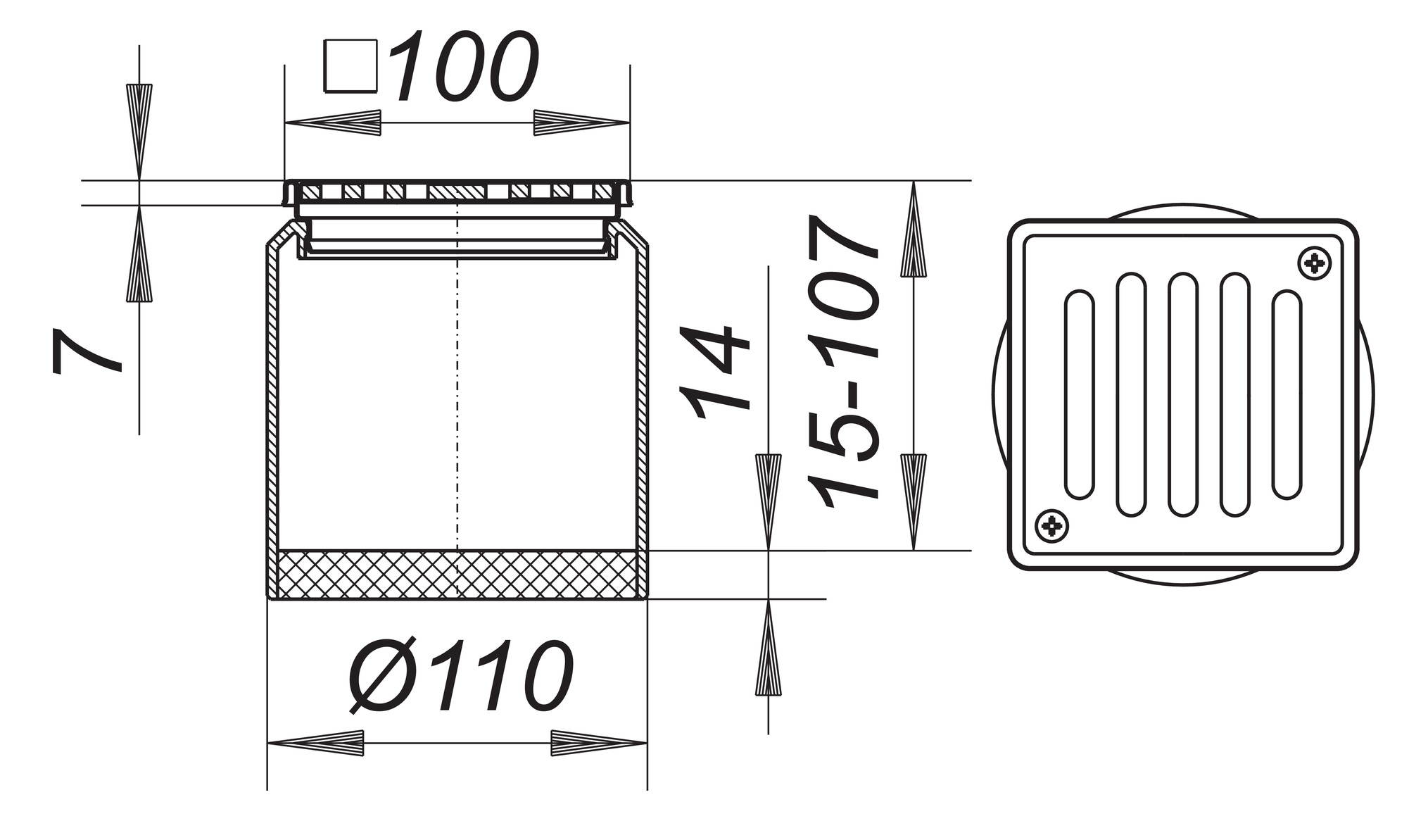 Dallmer Aufsatz ECS 10 Serie 10 100 x 100 mm, Rost Edelstahl 1.4301, massiv 5mm, verschraubt