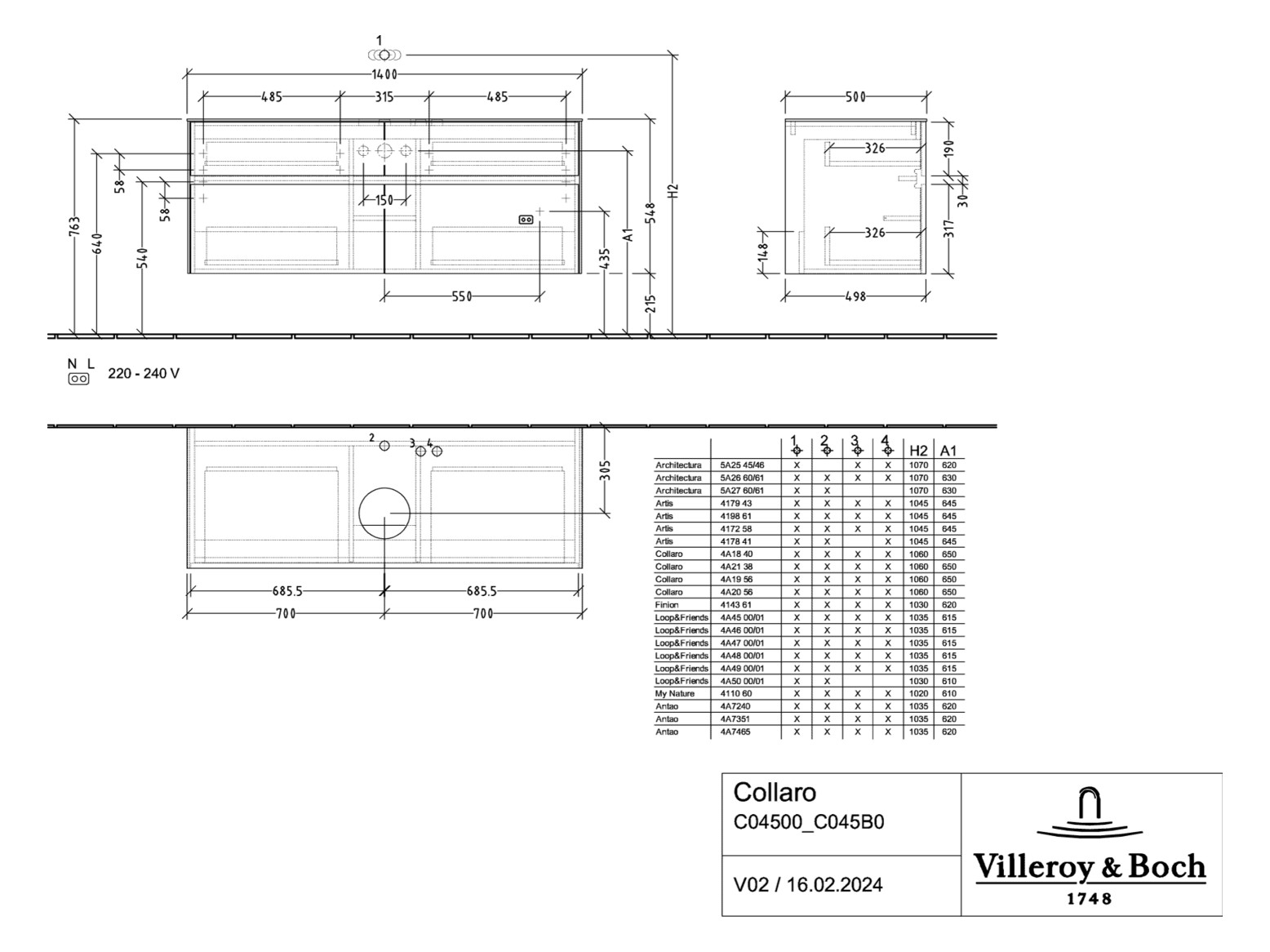 V&B Waschtischunterschrank Collaro 140x54,8x50cm, Waschtisch mittig, LED-Beleuchtung 10,4 W, nordic oak