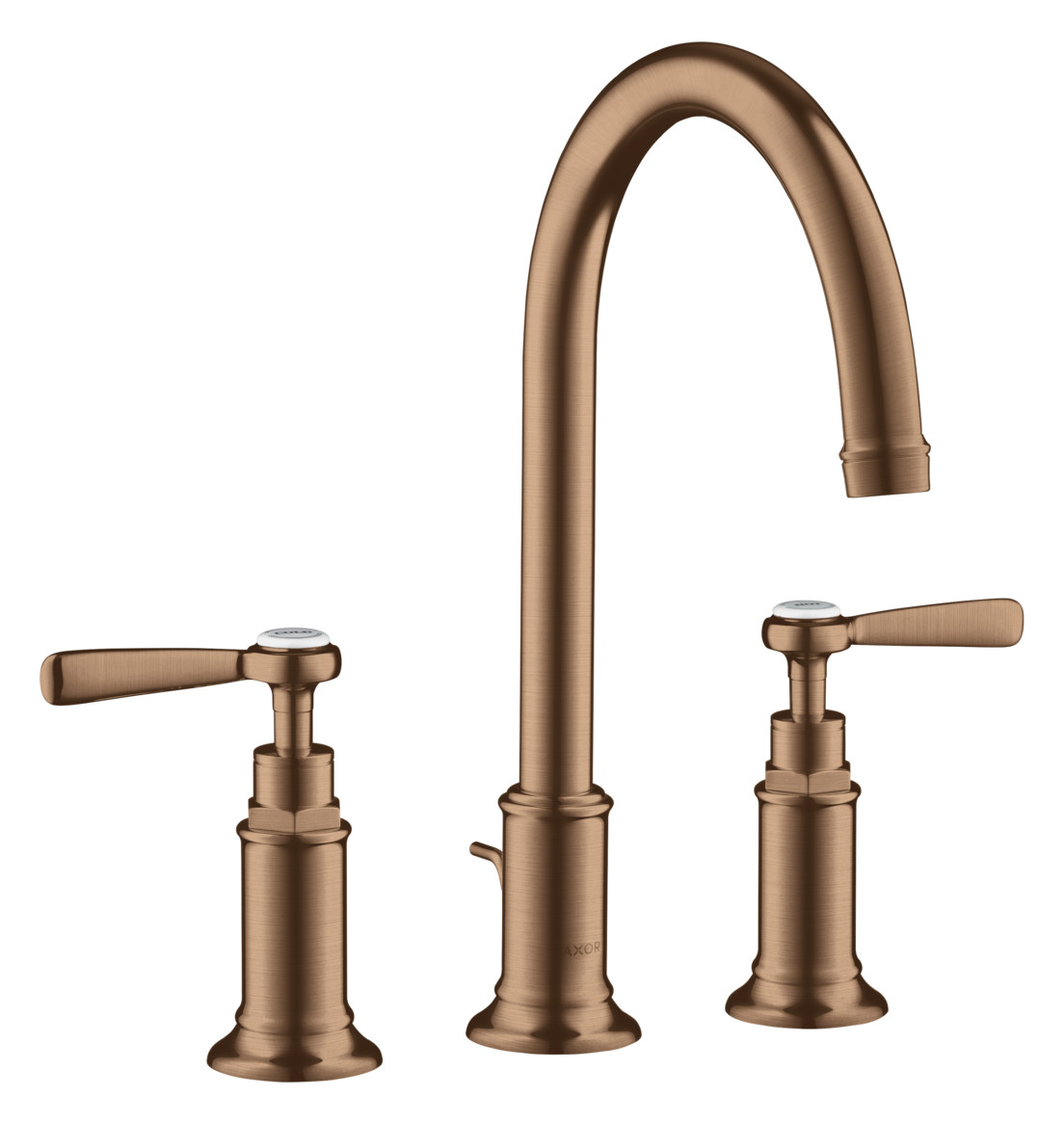 hansgrohe 3-Loch-Waschtischarmatur 180 Axor Montreux Ausladung 175mm, mit Hebelgriffe, Zugstangen-Ablaufgarnitur, brushed red gold
