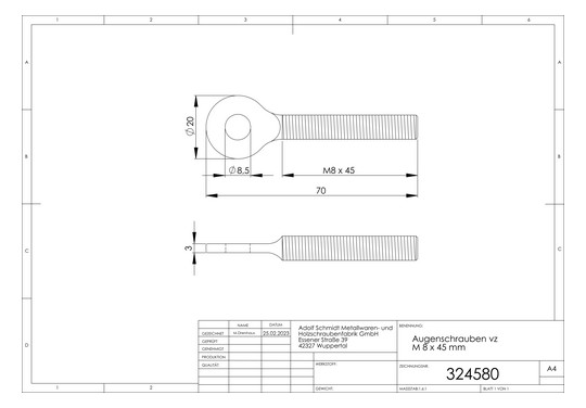 ASW Augenschraube M 8 x 45 mm, Stahl verzinkt, mit metrischem Gewinde