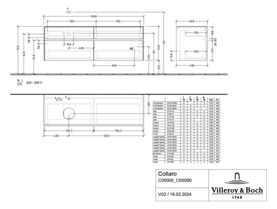 V&B Waschtischunterschrank Collaro 160x54,8x50cm, Waschtisch links, LED-Beleuchtung 12W, glossy white