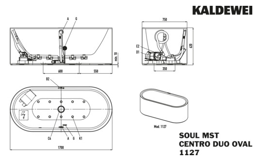 Kaldewei Badewanne Meisterstück Centro Duo oval-1127 170x75cm, Schallschutz, weiß, Soul, Perl-Effekt, Sichtteile weiß