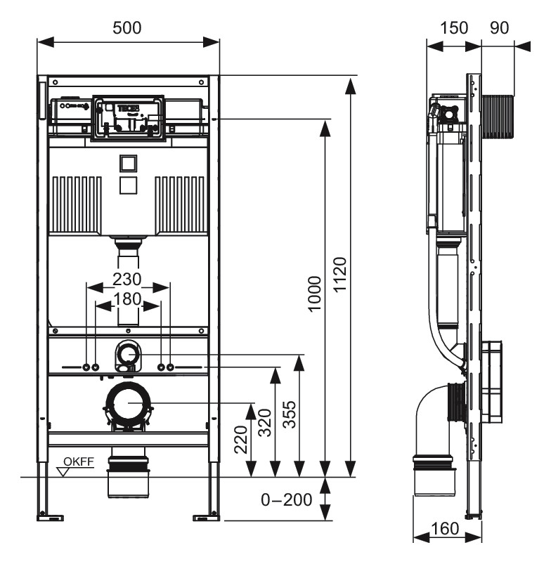 TECE WC-Modul TECEprofil 1120 mm, mit Spülkasten, Betätigung von vorne