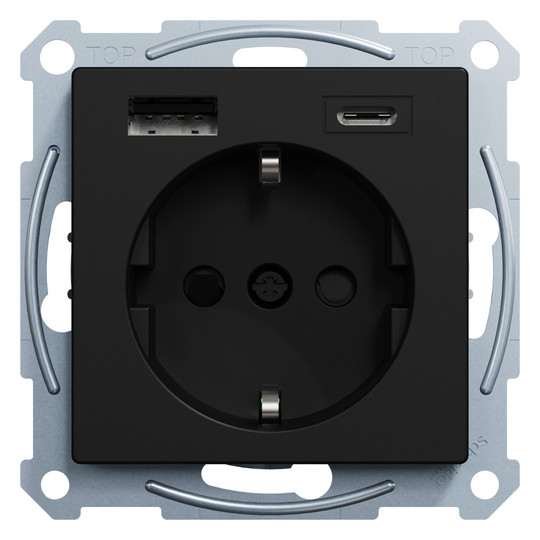 Steckdose 1f sw mt 1USB-A 1USB-C UP m.BS Mit erhöhtem Berührungsschutz IP20