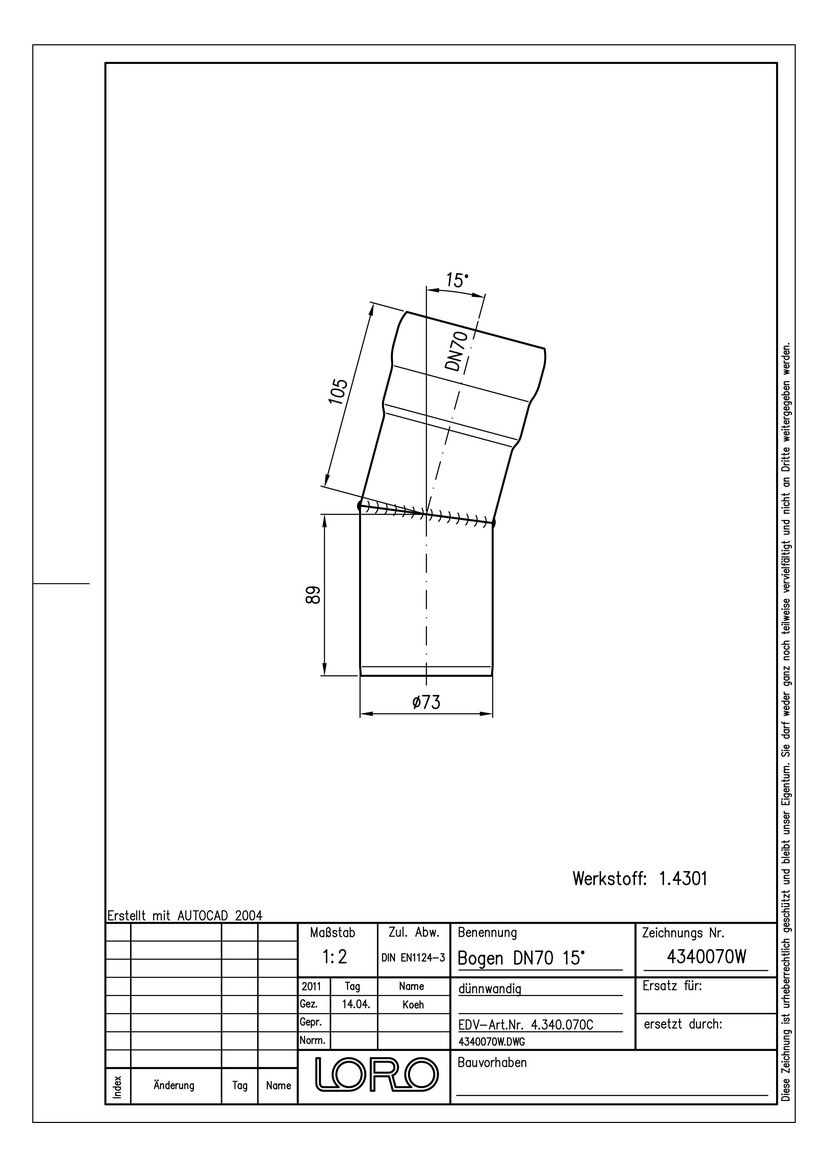 LORO XCL Bogen DN 70, 15°, Werkstoff 1.4301