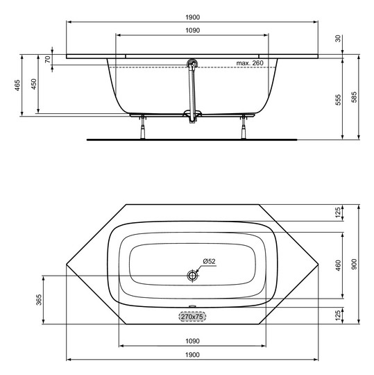 Ideal-Standard Sechseck-Badewanne i.life 190 x 90 x 45 cm, weiß