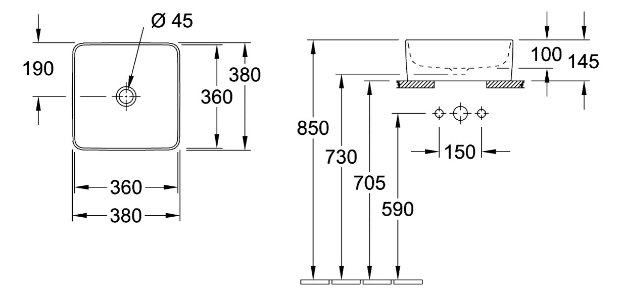 V&B Aufsatzwaschtisch Collaro 38 x 38 cm, ohne Überlauf, weiß C-plus