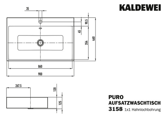 Kaldewei Aufsatz-Waschtisch PURO 3158, 90 x 46 cm, cool grey 90, mit Überlauf, 1 Hahnloch