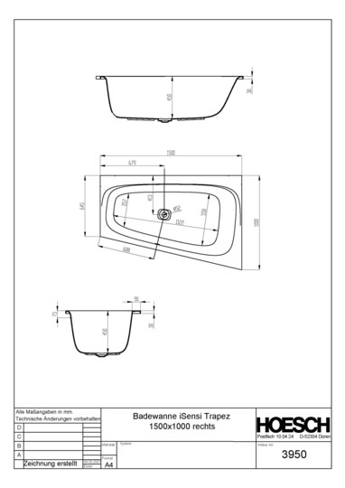 Hoesch Badewanne iSENSI Trapez 150x100cm, rechts, weiß