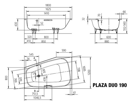 Kaldewei Badewanne PLAZA DUO 190 180x120/80cm, rechts, Griffloch, Perl-Effekt, bahamabeige