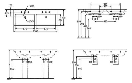 V&B Schrank-Doppelwaschtisch Subway 3.0 130x47cm, eckig, mit je 1 Hahnloch/mit Überlauf, stone white C-plus